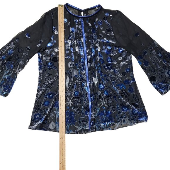 Tahari Peasant Top Womens Medium Burnout Velvet Floral Bell Flare-Sleeve Sheer - Picture 11 of 12